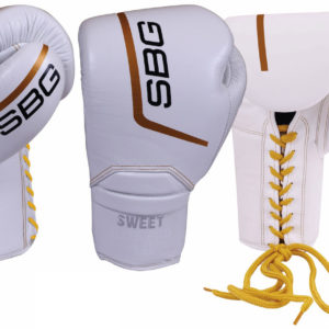 SBG 10 oz Leather Lace up Competition Gloves - White & Gold