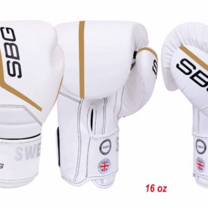 SBG 16 oz Velcro PU Training & Sparring Gloves - White & Gold