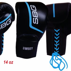 SBG 14 oz Leather Lace up Sparring Gloves - Black & Cyan Blue