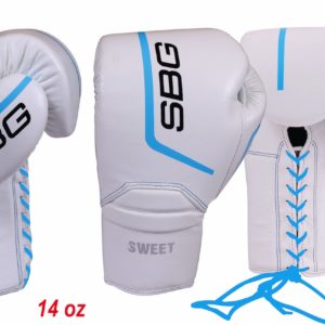 SBG 14 oz Leather Lace up Sparring Gloves - White & Cyan Blue