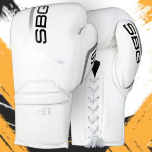 SBG 8 oz Leather Lace up Gloves – White & Silver