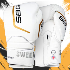 SBG 16 oz Velcro PU Gloves – White & Gold