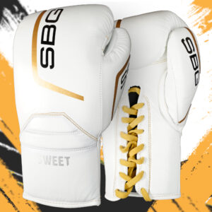 SBG 10 oz Leather Lace up Gloves – White & Gold