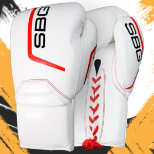 SBG 12oz Leather Lace up Gloves – White & Red